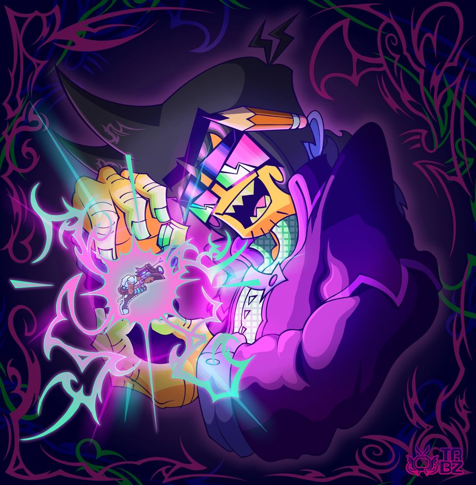 Darkitect grasps his hands around Tenny. Surrounded by Tenny is a very bright pink/green spark of light.