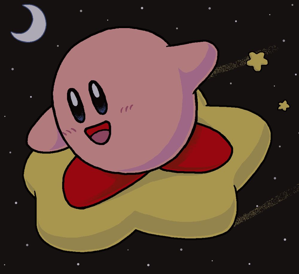 kirby, as depicted in the late 90s such as kirby super star/kirbys fun pak, riding on a warp star through space. there are starts and a large crescent moon in the background. wow, thats the shortest alt text ive ever had to write