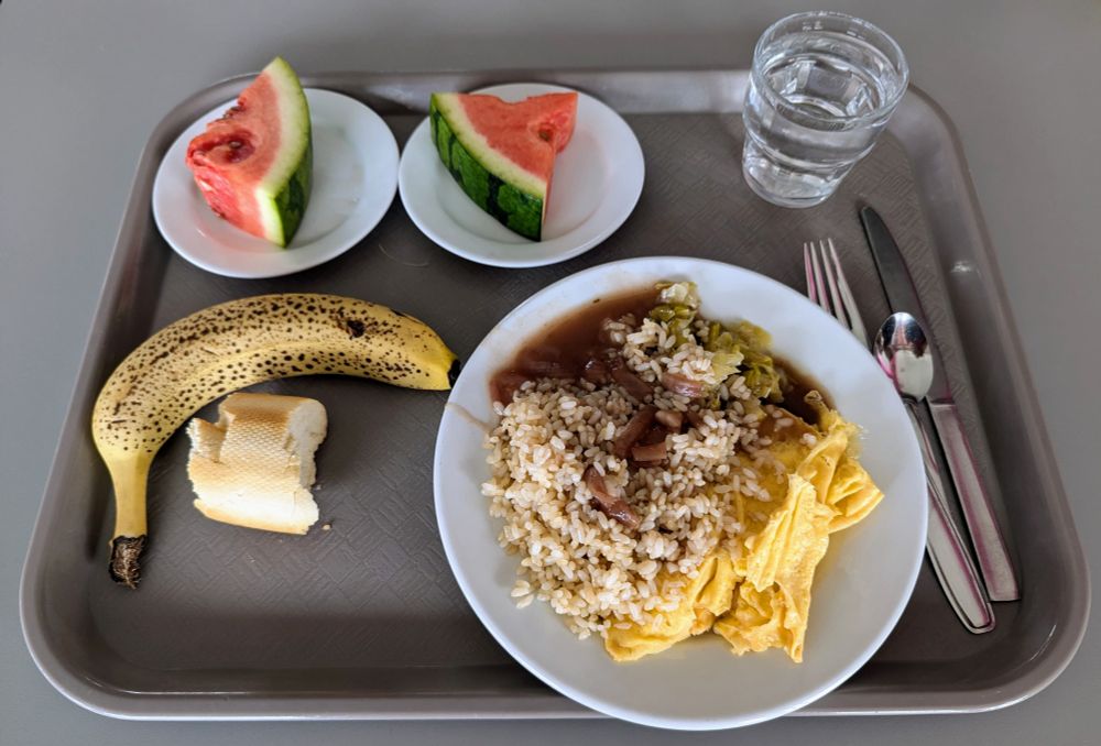 Plateau repas. Plat : poireau au beurre et riz, sauce aux oignons, omelette. Desserts : tranches de pastèque et banane.