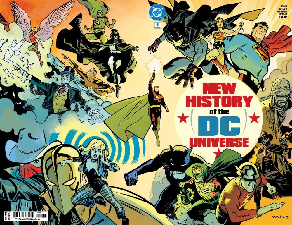The wraparound cover of DC's NEW HISTORY OF THE DC UNIVERSE #1, drawn by Chris Samnee and colored by Giovanna Niro, featuring a montage of DC's major superheroes and genre characters.