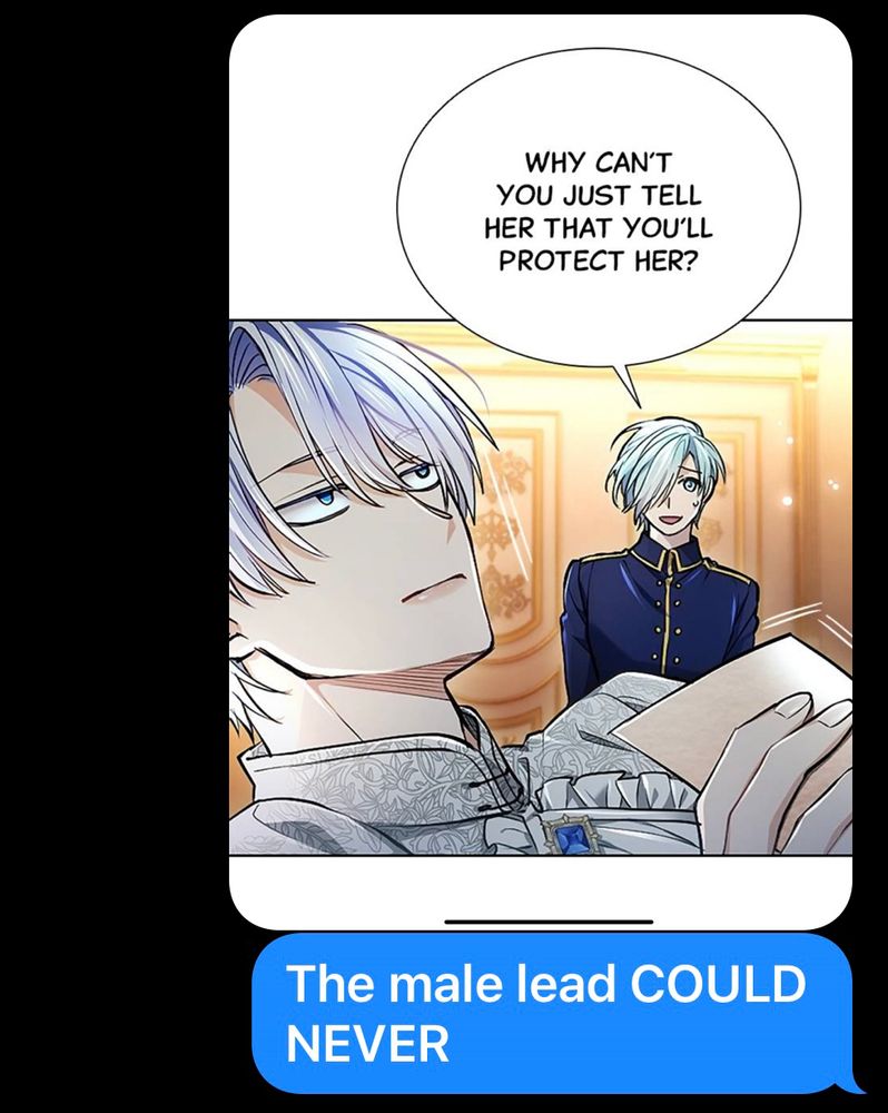 Purple haired Tropey-webtoon-romance-fantasy Prince in a comic looking stern while his blue haired guard asks him “why can’t you just tell her that you’ll protect her?” 

Blue text bubble: the male lead could never