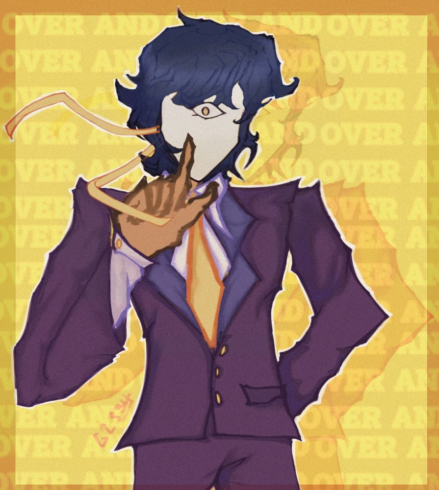 Digital drawing of Mr. Agafonov from ghosts’ new song trust fall. he is doing the pose he does at the start of the song while looking at the camera. the background is a similar color to the one in the mv, while the faint text of ‘over and over’ is repeated in the background. there is a white outline around him to add contrast to him from the bg, while there’s also a copied img of just him that’s been filtered to add a little more as well