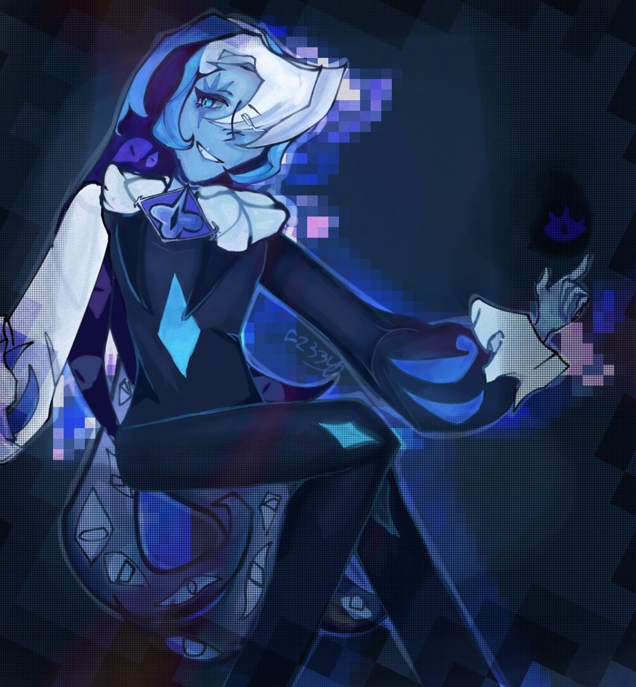 Digital drawing of Shadow Milk Cookie from Cookie Run Kingdom. He is looking away from the camera, one eye closed while grinning, floating??. He has one arm visible, the other cut out, and the right arm is making a pointing upwards motion towards a little ball of smoke with an eye on it. He has one leg over the other.