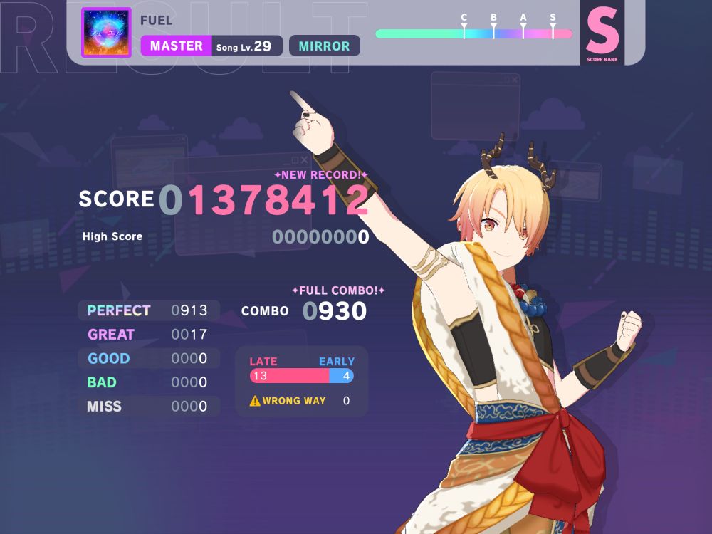 In-game screenshot of the game project sekai. It shows me getting a full-combo in the song ‘FUEL’ on master difficulty. Tsukasa Tenma is also here.