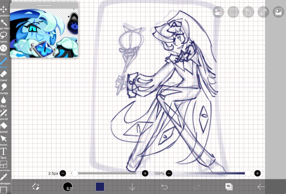 digital sceenshot of a wip drawing of shadow milk cookie from cookie run kingdom. so wip it’s still in it’s ’thumbnail’ (is that what it’s called?) stage. He is looking at the viewer while grinning, one leg over the other as he holds his staff thing. in the top left corner is a reference image of him in-game