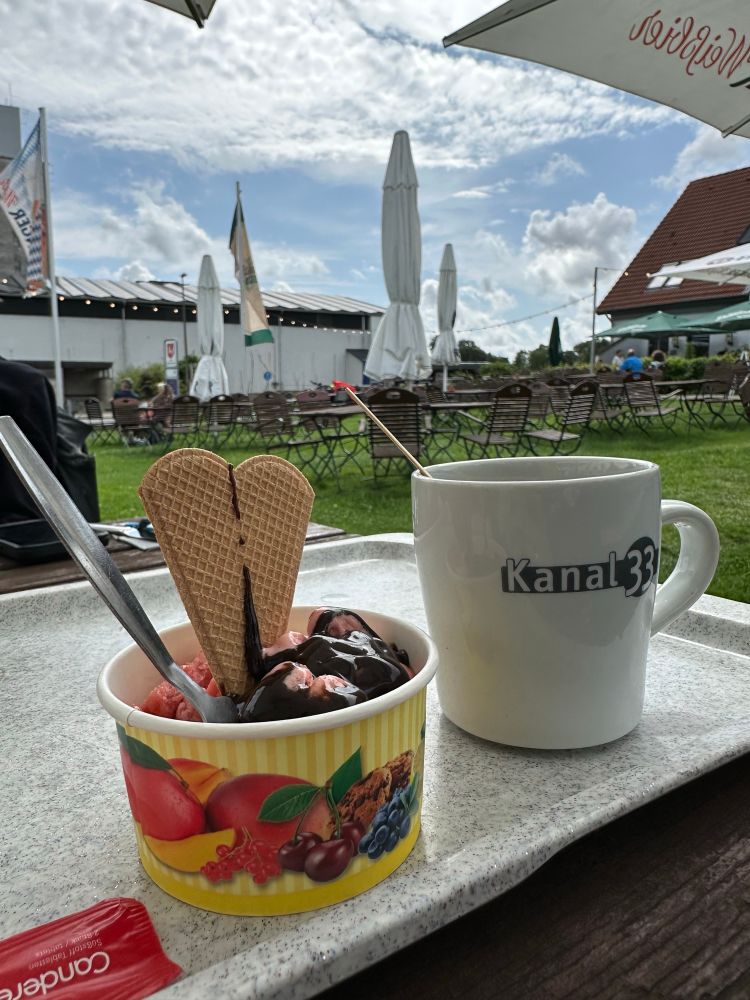 some ice cream with choccy sauce and a cup of coffee 