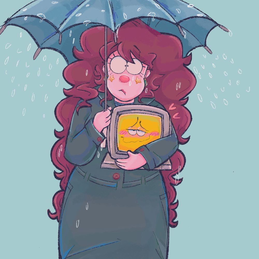a cartoon drawing of a woman holding a computer on her right arm, and holding an umbrella whilst it rains on her left arm. The computer has a blush expression whilst the woman looks shocked.