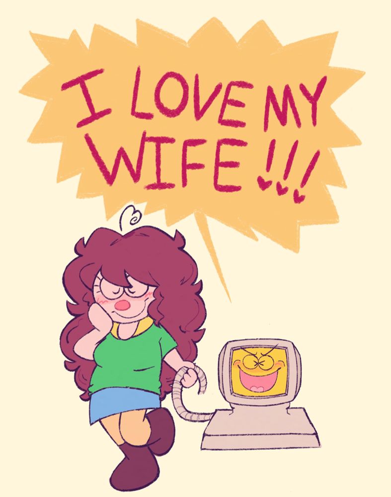 A computer and a human, in which the computer has a wire wrapped around the humans hand, the human has a blush expression whilst the computer is very happy. at the top it has a large big speech bubble that has a spikey pattern which text inside it that reads “I LOVE MY WIFE!!!”