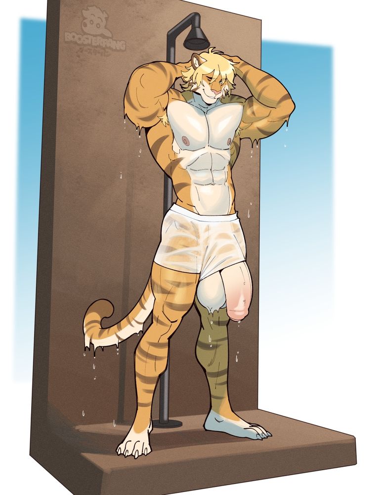 Zen, a fit male tiger, is showering in a public beach shower.  His large dick and balls have slipped out of his white boxers, which have become translucent in the water.