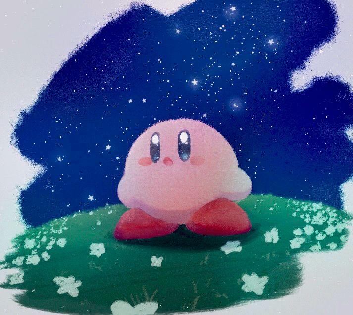 カービィが草原で星空を見上げている絵