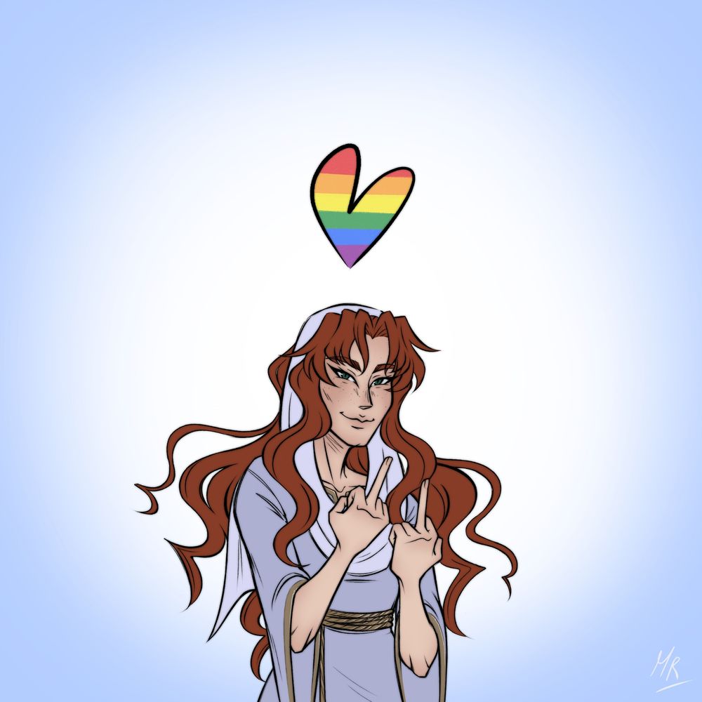 Drawing of my character Lilith flipping both hands, with a heart above colored with the rainbow flag.