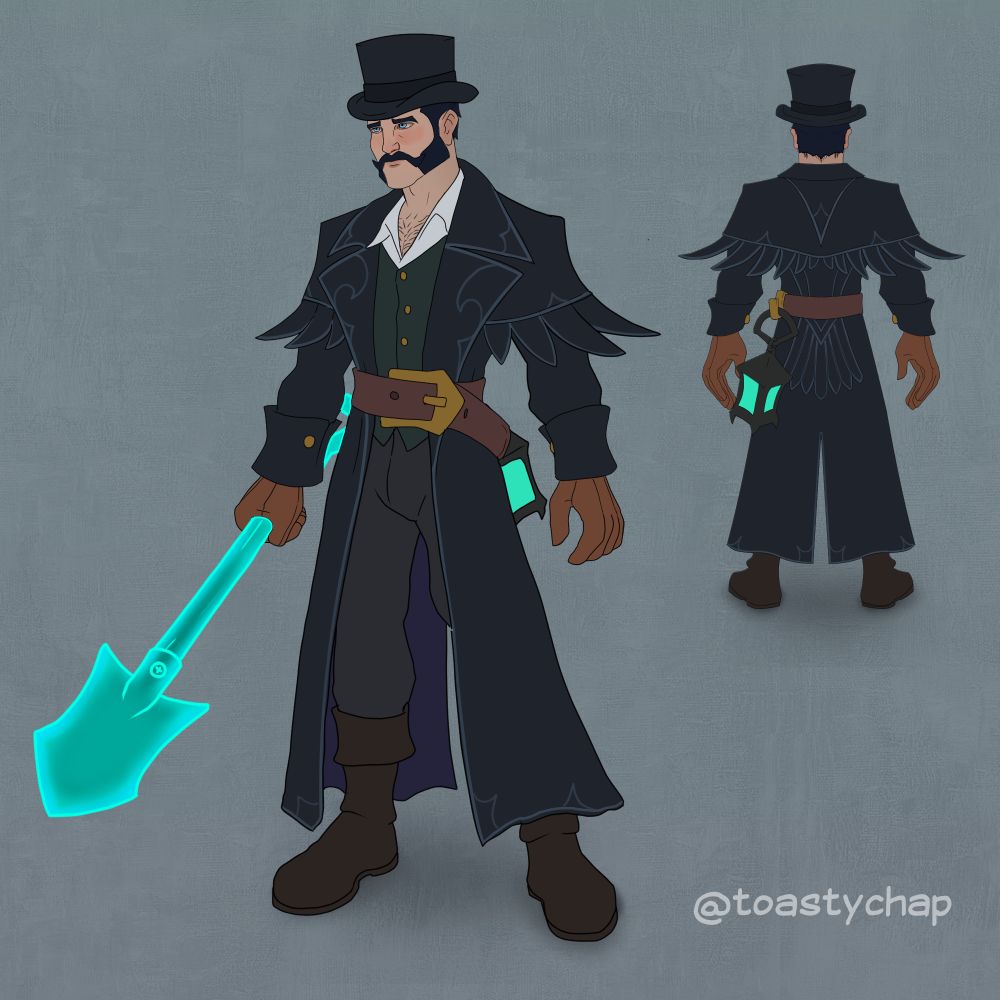 Concept art of a Victorian undertaker with a raven themed coat, top hat and ghostly shovel.