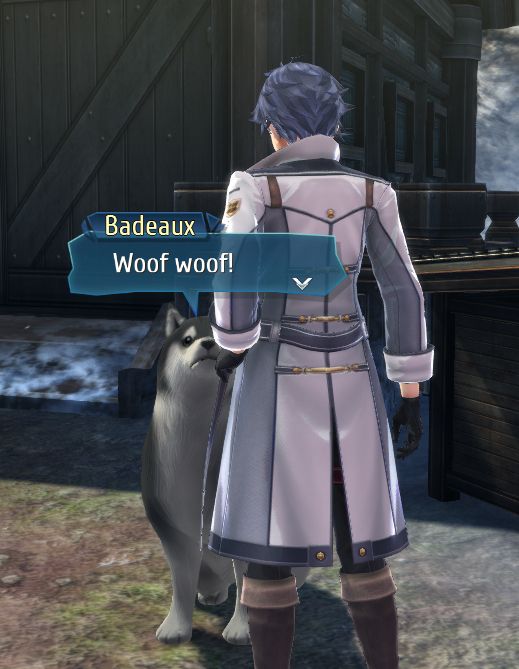 rean schwarzer from trails into reverie looking at his dog named badeaux who is like a big fluffy husky/alaskan malamute looking dog. badeaux is saying "woof woof!"