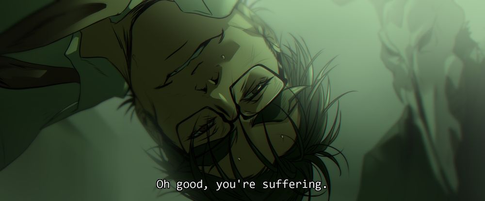 Cinematic illustration of my original character Mad on a green tone scheme.