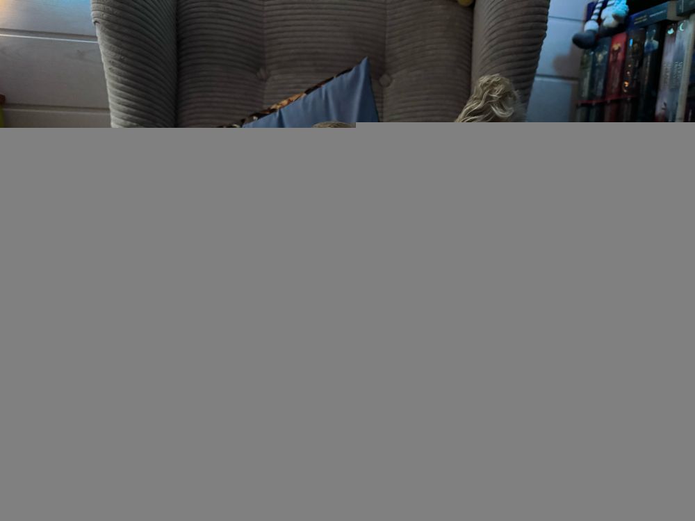 Sehr niedliche blonde Wuschelhündin mit tollen Ohren trägt einen bunten Pullover und liegt in eine blaue Decke gekuschelt im Lesesessel.