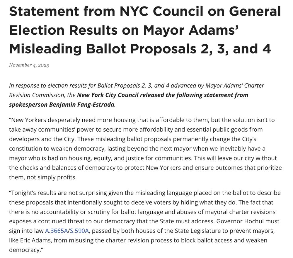 Statement from NYC Council on General Election Results on Ballot Proposals 2-4
