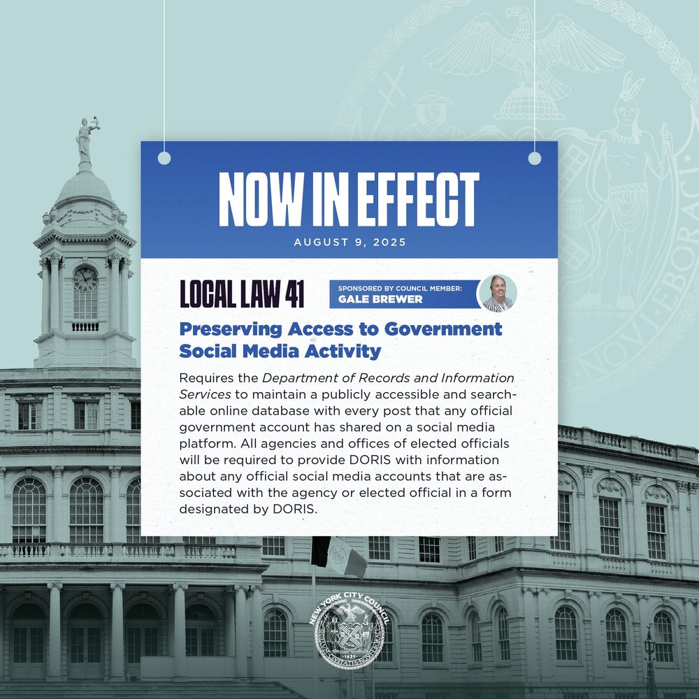 Announcement of Local Law 41 effective August 9, 2025, preserving access to government social media posts via a public online database.
