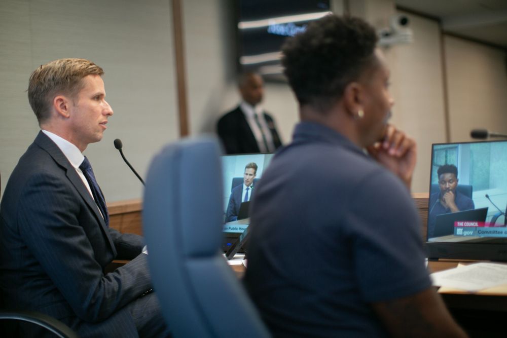 Council Member Erik Bottcher speaks at a Committee on Public Housing hearing.