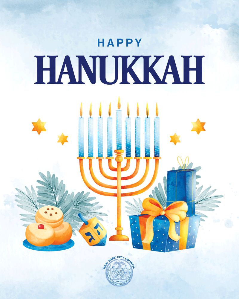 Menorah with nine lit candles surrounded by Hanukkah gifts, cookies, and a dreidel on a light blue background with 'Happy Hanukkah' text.