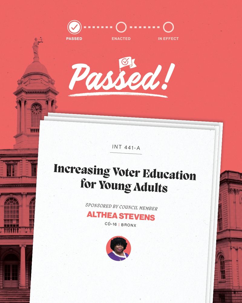 Graphic announcing passage of INT 441-A, a bill to increase voter education for young adults. Shows a ‘Passed’ banner and a photo of Council Member Althea Stevens.
