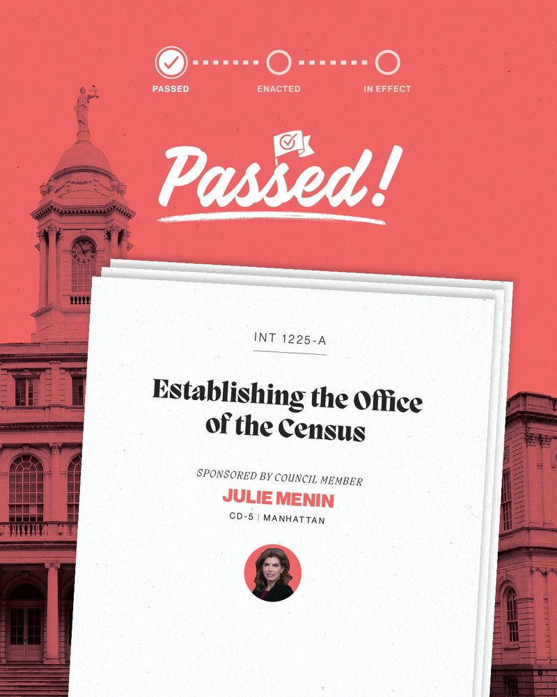 Red NYC Hall graphic with a ‘Passed!’ banner. A paper card reads: INT. 1225-A. Establishing the Office of the Census. Sponsored by Council Member Julie Menin, CD-5, Manhattan, with her headshot.