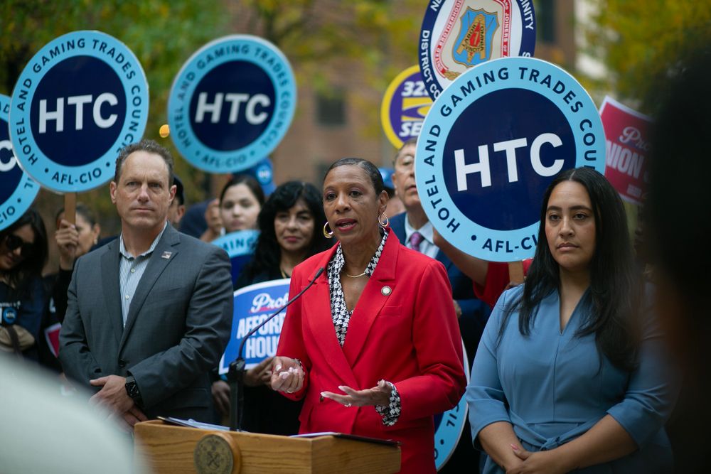 Speaker Adrienne Adams addresses a coalition of Council Members, labor unions, and advocates at a press conference about the misleading language and negative impacts of Mayor Adams’ Ballot Proposals 2, 3 and 4 in the upcoming election
