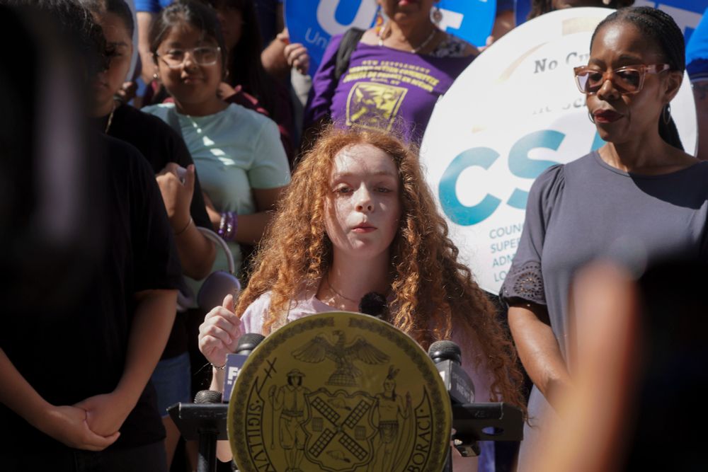 Students rally against public school cuts at the Tweed Courthouse. 
