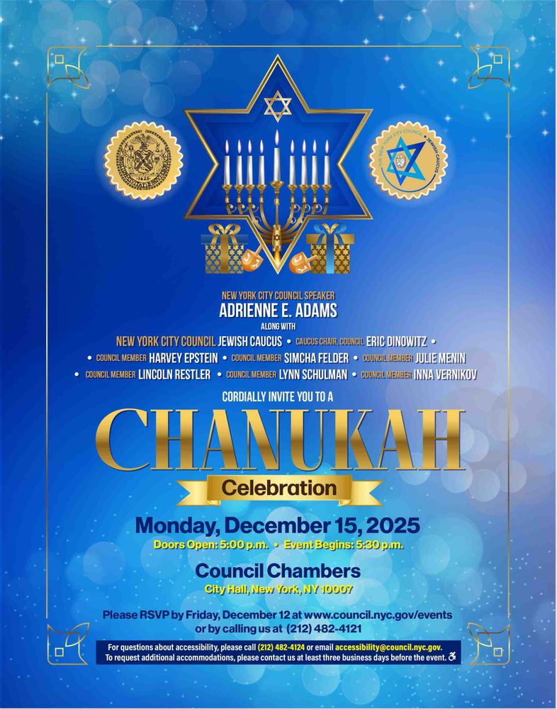 Blue and gold Chanukah celebration invitation featuring a menorah, Star of David, and gift icons with event details for December 15, 2025.