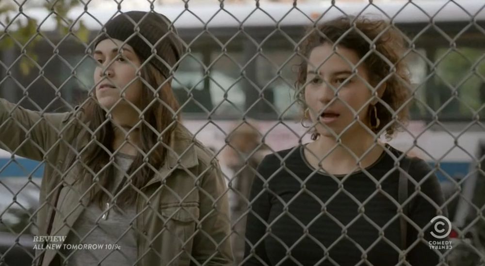 Abbie and Ilana are mesmerized by the visible penis outlines in the shorts of guys playing basketball in the Broad City episode “Last Supper”.