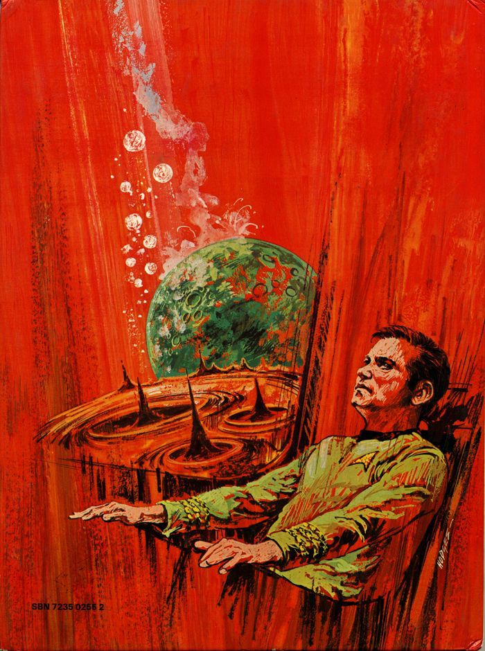 A painting of Captain Kirk in a seated position in front of an orange background with the green, boiling planet.