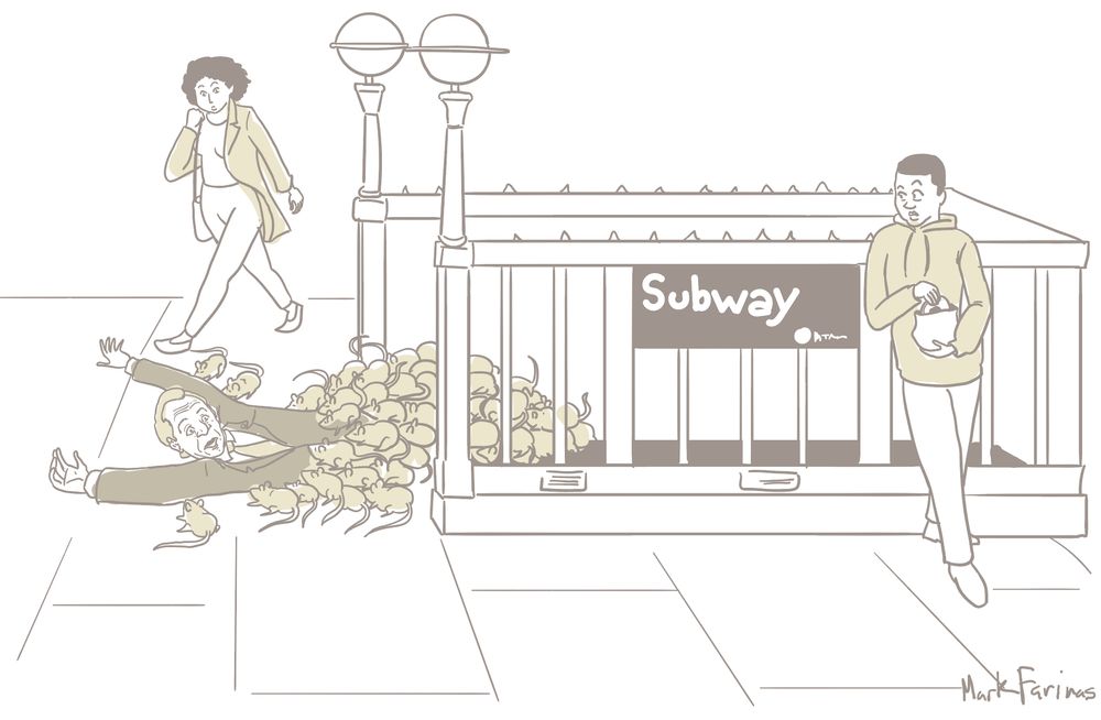 Andrew Cuomo is dragged down into a subway entrance by thousands of rats and several New Yorkers look on with apathetic curiosity.