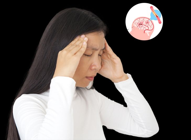 a woman is holding her fingertips to the the sides of her forehead, as though attempting to initiate some psychic manifestation. a small detail bubble showing an illustration of squished vein in a human brain points to her head, and this is what she appears to be trying to manifest through mystical projection of her will.