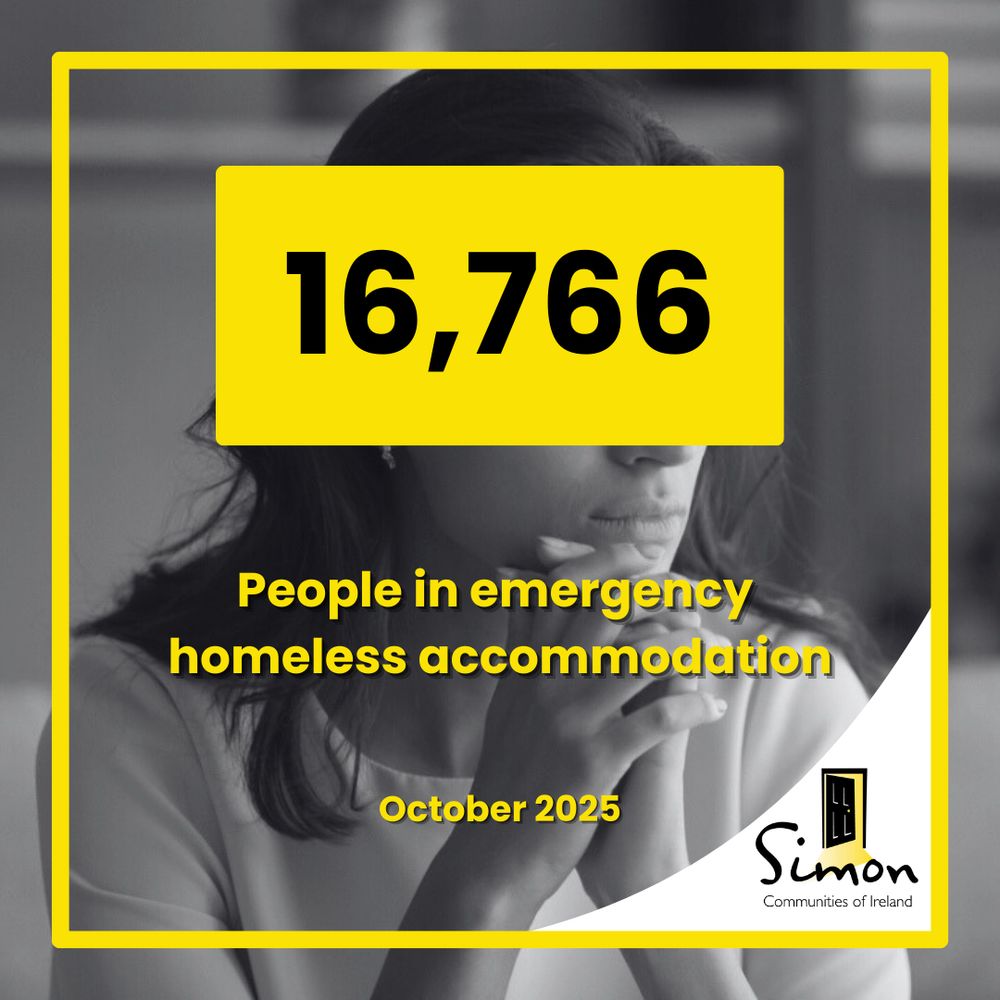 Black and white photo of a concerned woman in the background with a yellow boarder and text. Reads 16,766 people in emergency homeless accommodation, October 2025.