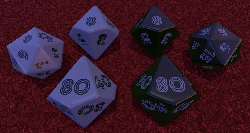 Black-and-blue D10s and D20s to show off more color possibilities and numbers: an 8 for the D20 and D10 and an 80 for the D%.