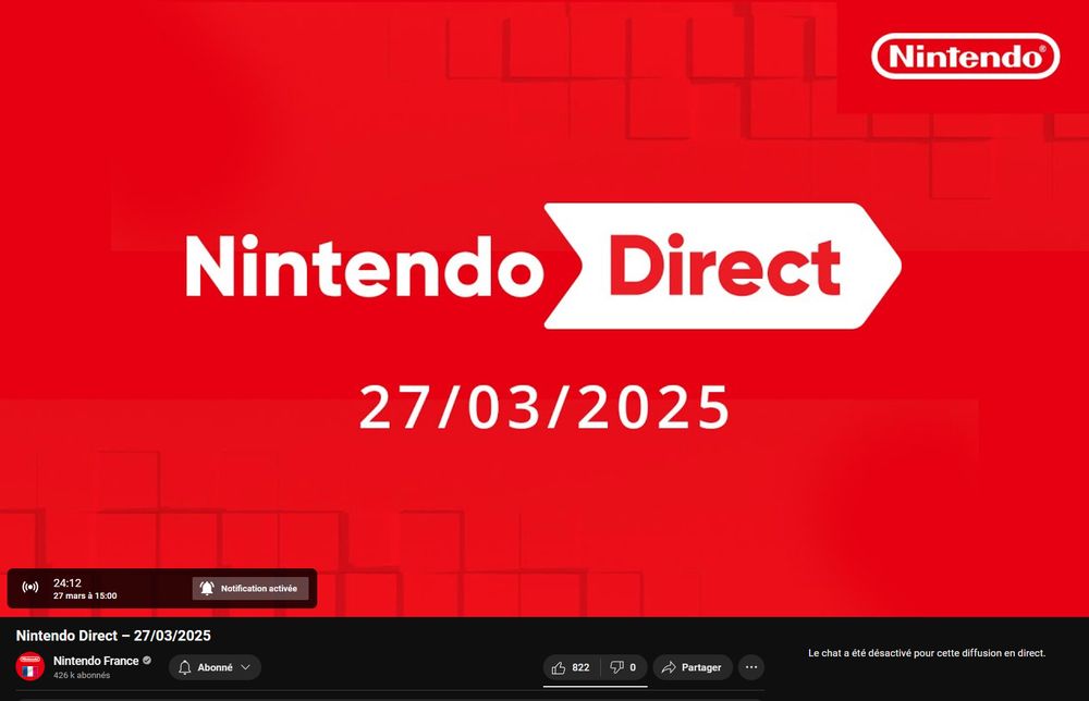 Capture d'écran du live YouTube "Nintendo Direct - 27/03/2025"