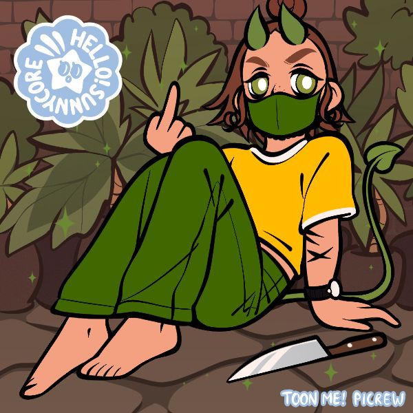 *MASKED VERSION OF PREVIOUS IMAGE* “Toon” version of myself, loosely. Masc presenting person sitting with his knees loosely to his chest, leaning back on their right arm, and flipping off the camera with their right. Brown shoulder length hair with a top knot/bun, and a lighter colored beard. He has big green eyes and even bigger, greener horns on his forehead. They are wearing a yellow shirt, a pair of green pants, and adorning a watch on their left wrist. They are barefoot sitting on the ground among some foliage. Image was created on Picrew by HelloSunnyCore