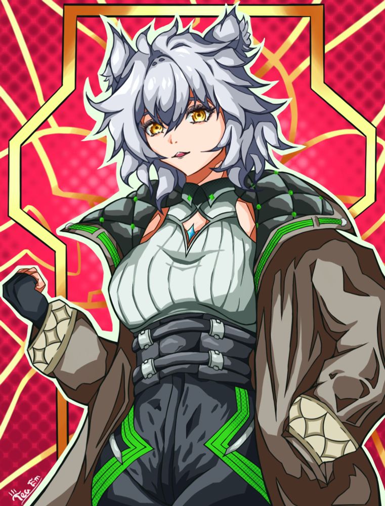 A digital drawing of Na'el from Xenoblade Chronicles 3. She is standing confidently at a 3/4ths angle, looking straight at the viewer. She is adorned with her classic outfit, representing many greens, blacks, and browns. She is outlined with a slightly green silhouette. The background is red with yellow accents, meant to represent both the Ontos core crystal and her weapon.