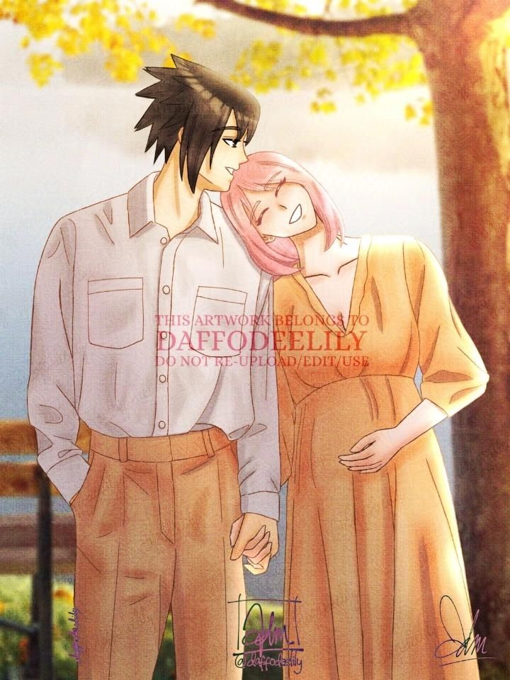 A fanart of sasuke and sakura standing side by side holding hands.