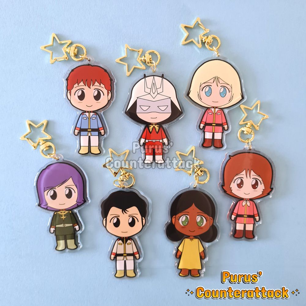 chibi anime fan merch keychains of characters from Mobile Suit Gundam including Amuro, Char, Bright, Sayla, Fraw, Lalah, and Garma