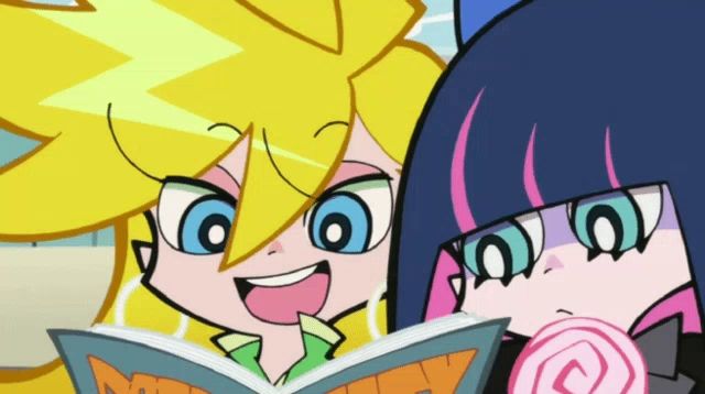 two cartoon characters are reading a book together and one has a lollipop