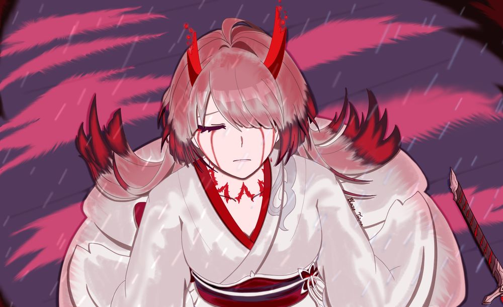 Raiden Mei falling on her knees, as the rain falls, her horns disappear, while her sword acquires a scarlet red blade. 

This marks the disappearance of Raiden Bosenmori Mei.... and the birth of the Nihility's Emanator, Acheron