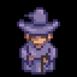 32x32 Pixel art of an elderly woman in a purple witch hat holding a cane in a purple dress.