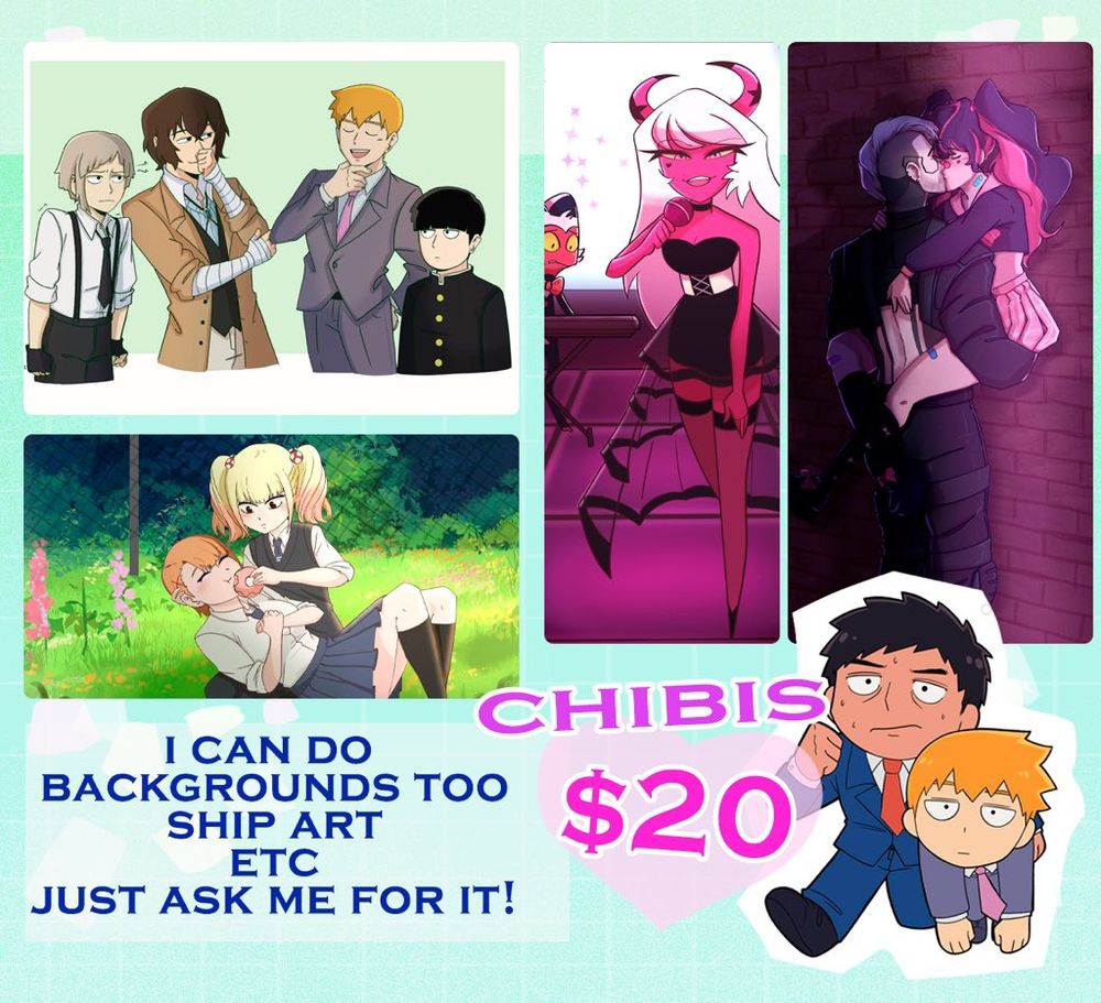 Varios images with the text saying " I can do backgrounds, ship art, etc. Just ask!" 