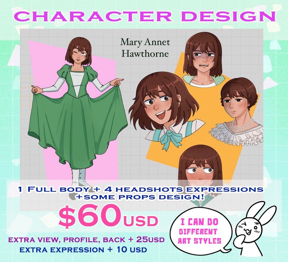 Character design sheet with text explaining its 1 full body plus 4 expression plus some prop design, the price at $60usd 
More text saying extra view, back profile + 25usd  and extra expression plus 10usd 
