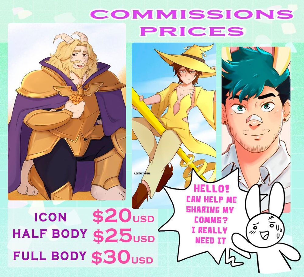Commission price  set at $20 usd for an icon, $25usd for a half body and full body at $30usd