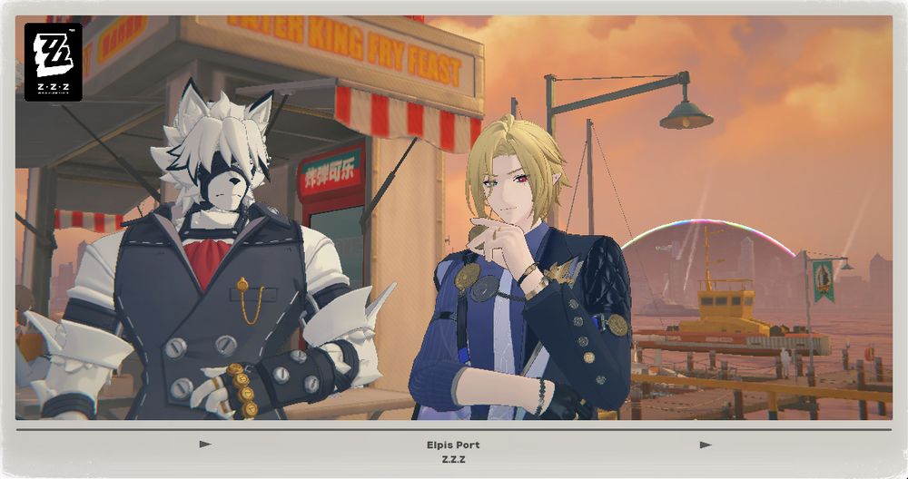 Lycaon and Hugo standing next to each other at the port next to the french fry stand.