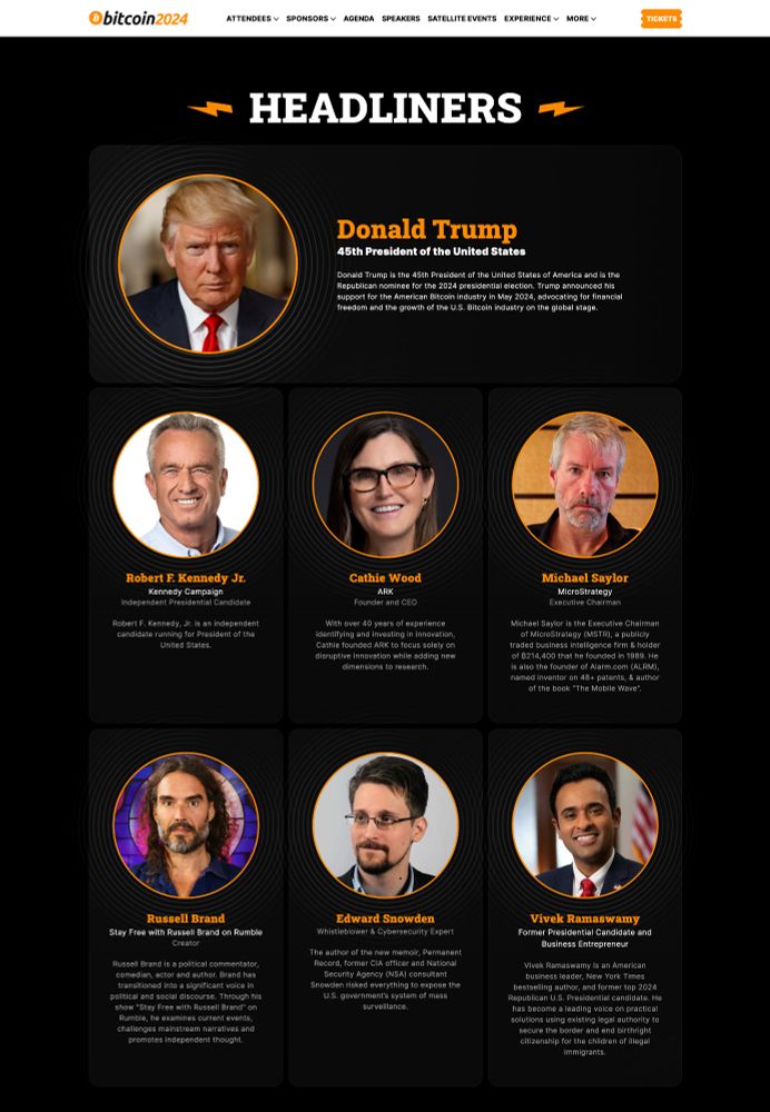 Bitcoin 2024 headline speakers: Donald Trump, Robert F. Kennedy Jr., Cathie Wood, Michael Saylor, Russell Brand, Edward Snowden, Vivek Ramaswamy