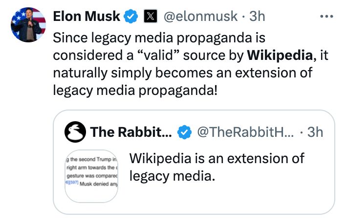 Elon Musk
@elonmusk
·
3h
Defund Wikipedia until balance is restored!