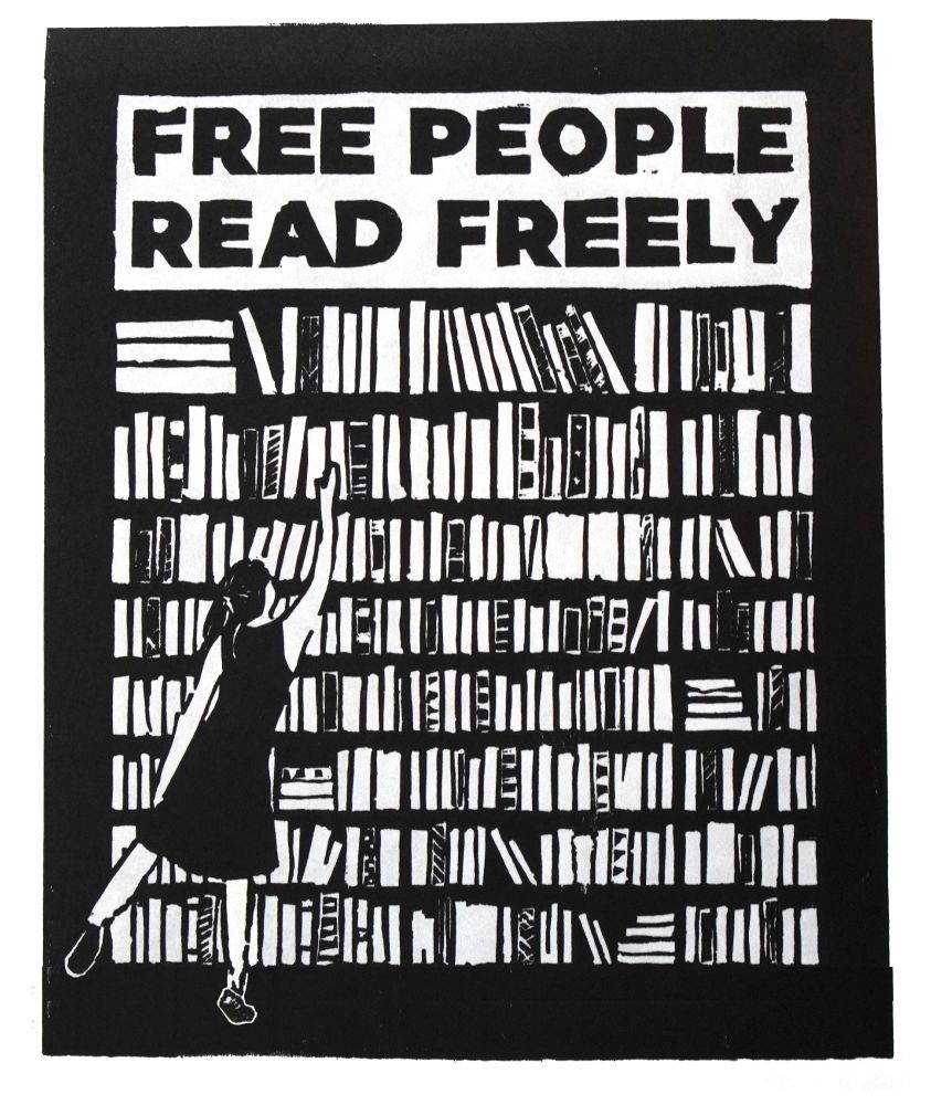A scan of a linocut print, which has the text “Free people read freely” in block capitals above a person in a dress reaching to take a book from a large bookshelf