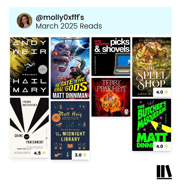 @molly0xfff’s March 2025 reads Project Hail Mary, Andy Weir Crime and Punishment, Fyodor Dostoevsky The Gate of the Feral Gods, Matt Dinniman The Midnight Library, Matt Haig Picks & Shovels, Cory Doctorow The Colour of Magic, Terry Pratchett The Spellshop, Sarah Beth Durst The Butcher's Masquerade, Matt Dinniman